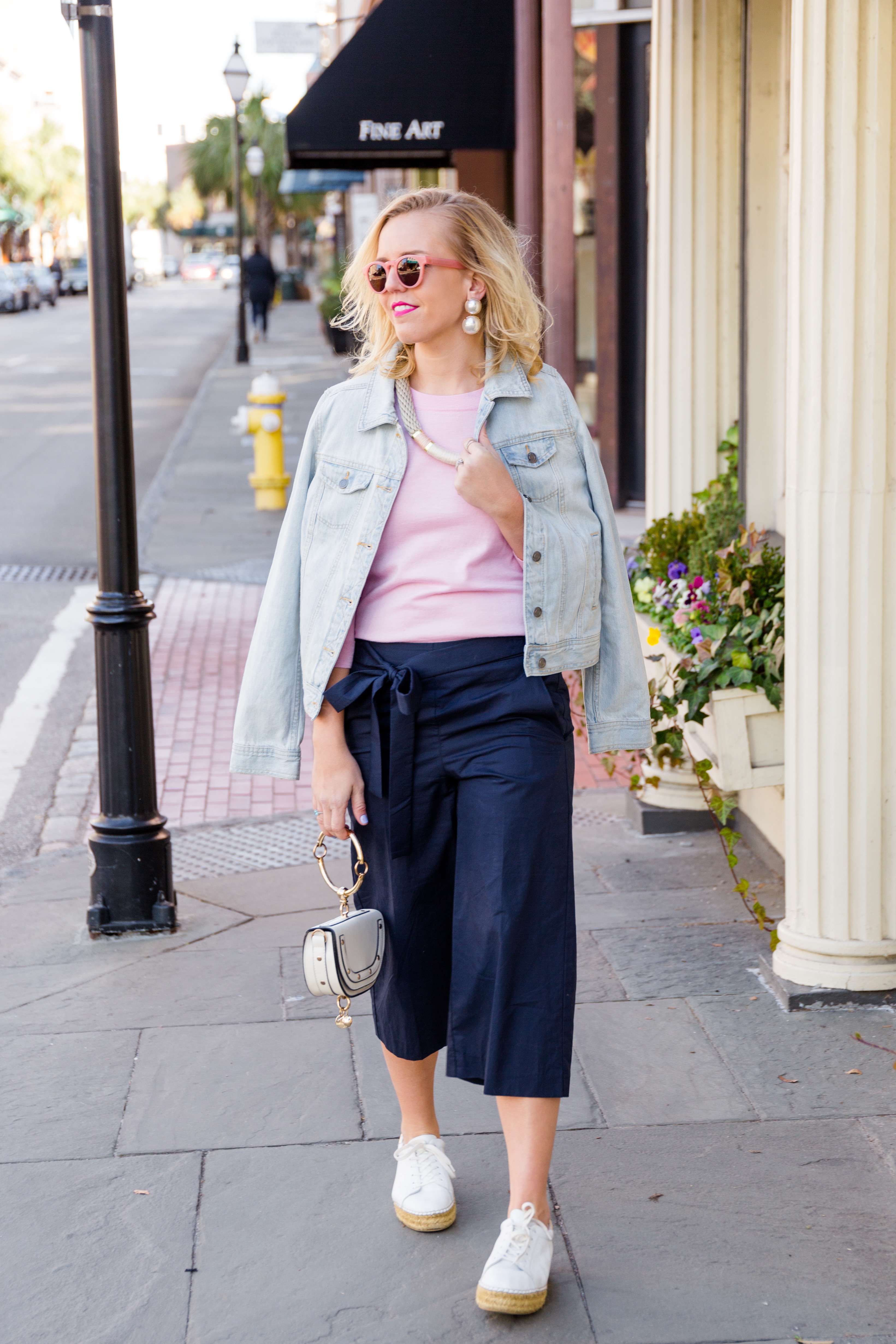 Pink and Navy Spring Outfit with Culottes